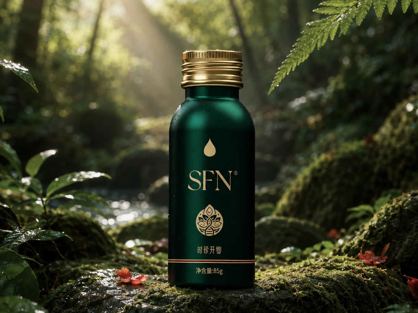 林间晨光与苔藓溪流中的SFN®饮单瓶主视觉